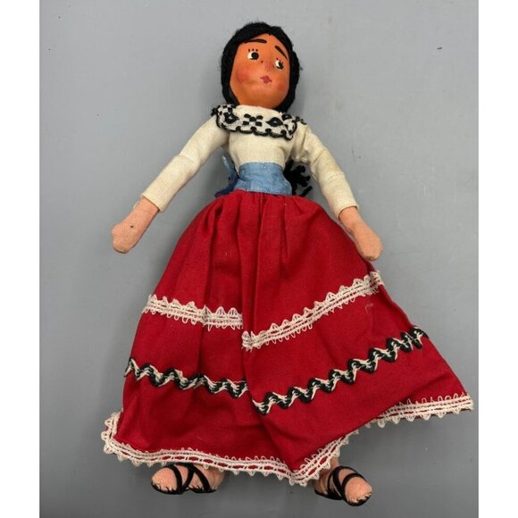 Vtg Mexican Handmade Cloth Doll With Red Dress Folk Art - Picture 1 of 5